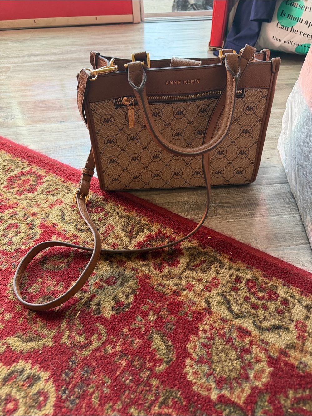 Anne Klein Brown Logo Satchel with Adjustable Crossbody Strap